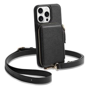 ZVE Wallet Case IPhone 13 Pro Max Crossbody RFID Card Holder Strap Black Zipper